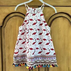 Adorable Girls Flamingo Sundress w/ Sparkly Ribbon and Tassel Hemline